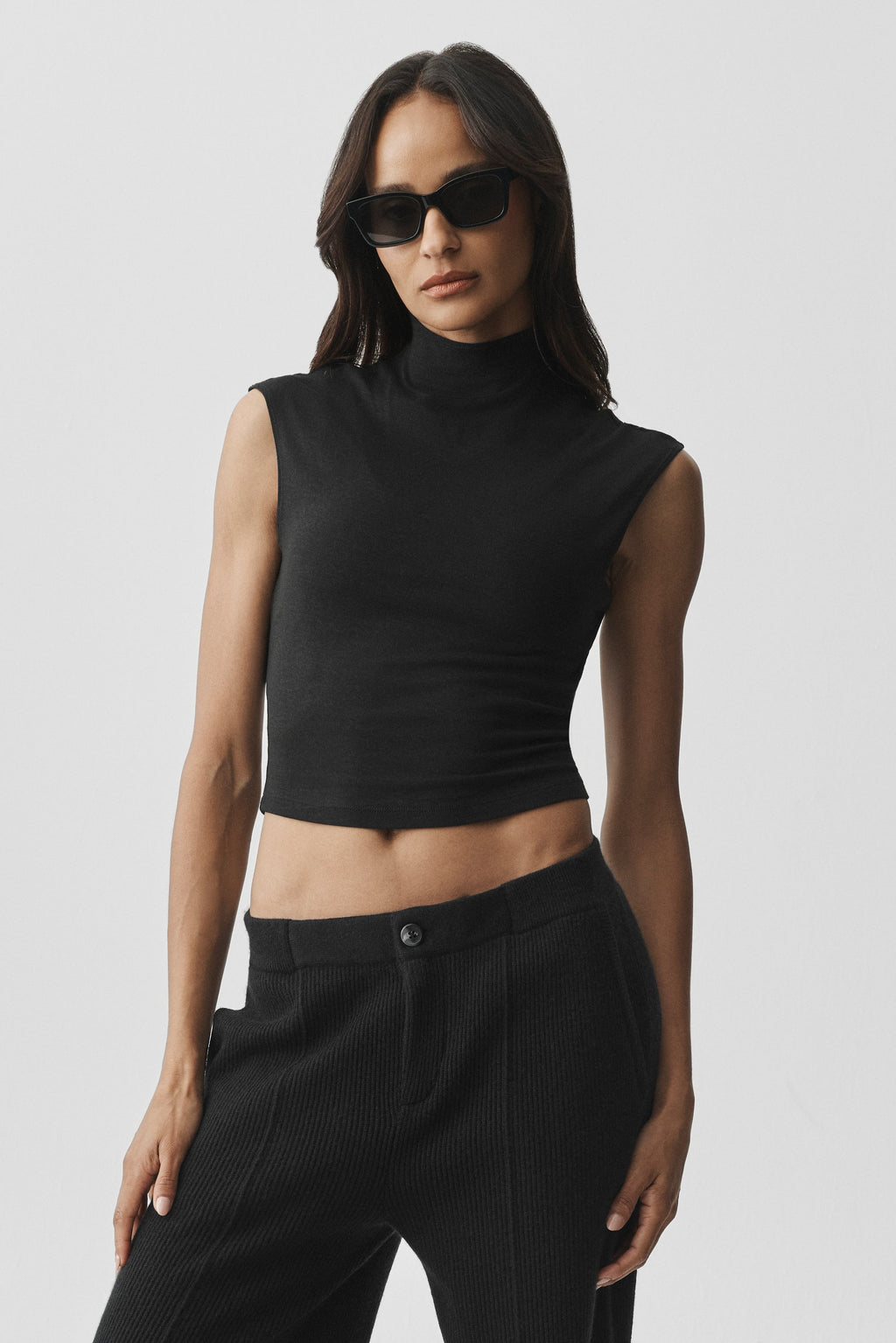 Semi Sheer Mock Neck Oasis Tank - Black