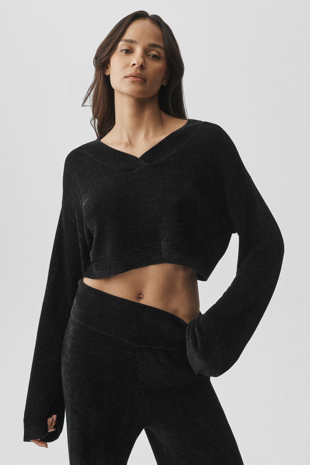 Micro Chenille Cropped V-Neck Coverup - Black