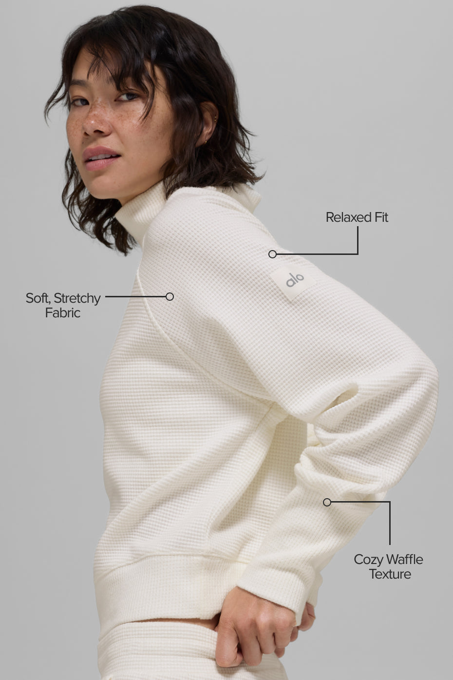 Waffle Weekend Escape Mock Neck Long Sleeve - Ivory